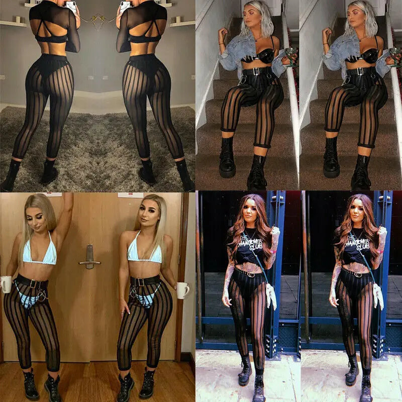 Hirigin Sexy Sheer Mesh Striped Leggings – High Waist Slim Fit for Women