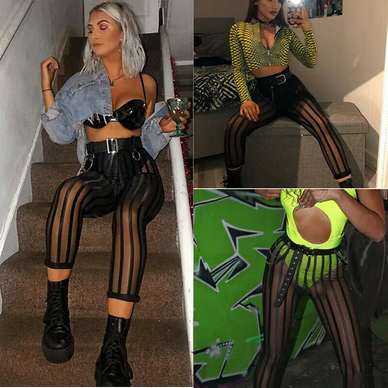 Hirigin Sexy Sheer Mesh Striped Leggings – High Waist Slim Fit for Women