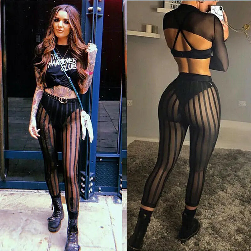 Hirigin Sexy Sheer Mesh Striped Leggings – High Waist Slim Fit for Women