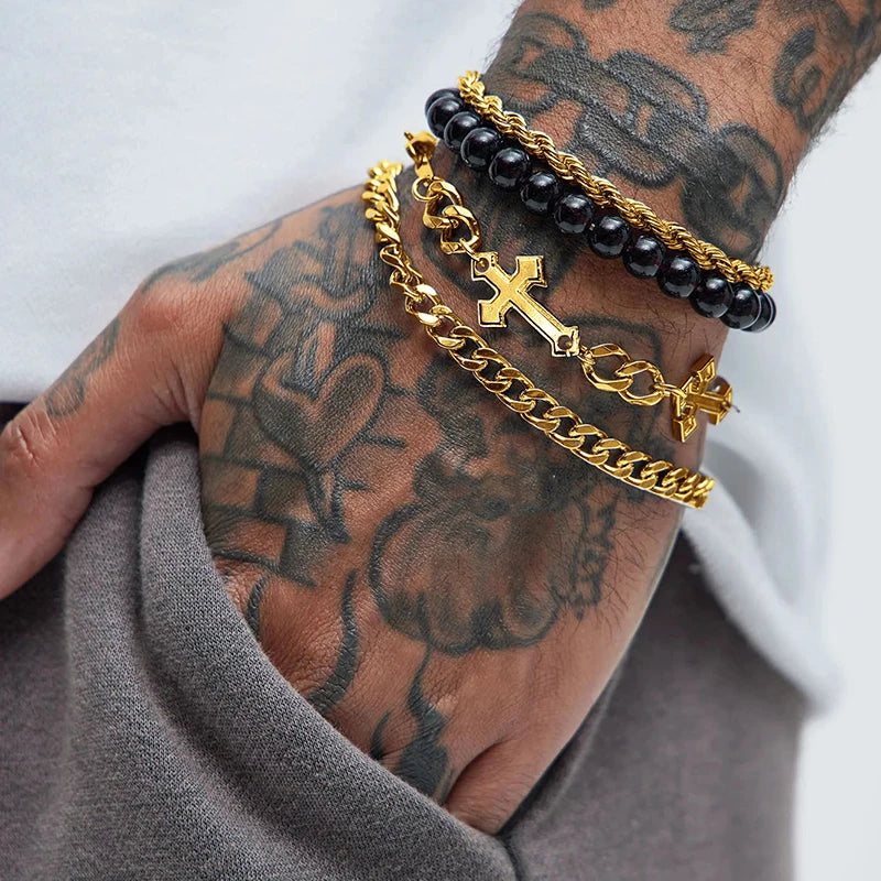 4pcs Punk Gold Cross Bracelet Set – Minimalist & Stylish for Men