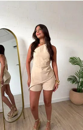 Casual Skew Collar Two-Piece Set – Trendy Off-Shoulder Top & Slim Shorts for Women