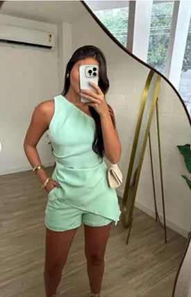 Casual Skew Collar Two-Piece Set – Trendy Off-Shoulder Top & Slim Shorts for Women