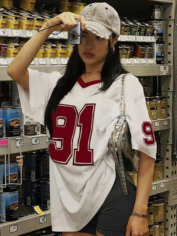 2025 Summer Retro No.91 Printed T-Shirt – Women's V-Neck Football Jersey Style Top