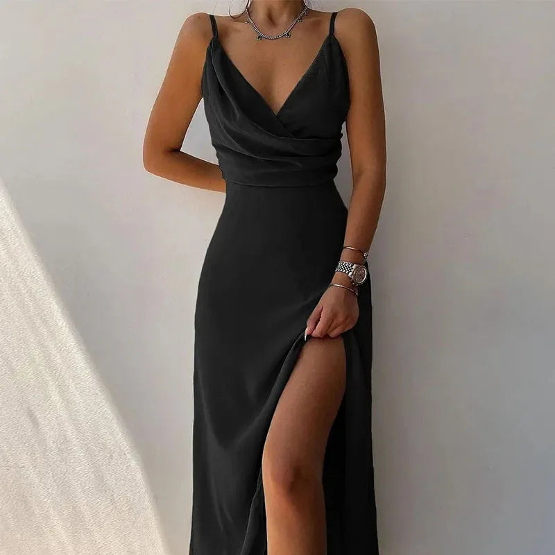Summer Women’s Long Slit Dress – V-Neck Suspender Backless Maxi Dress