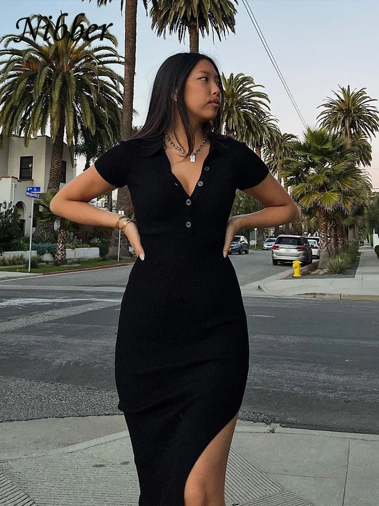 Nibber Solid Color Maxi Dress for Women – Elegant Single-Breasted Summer Dress