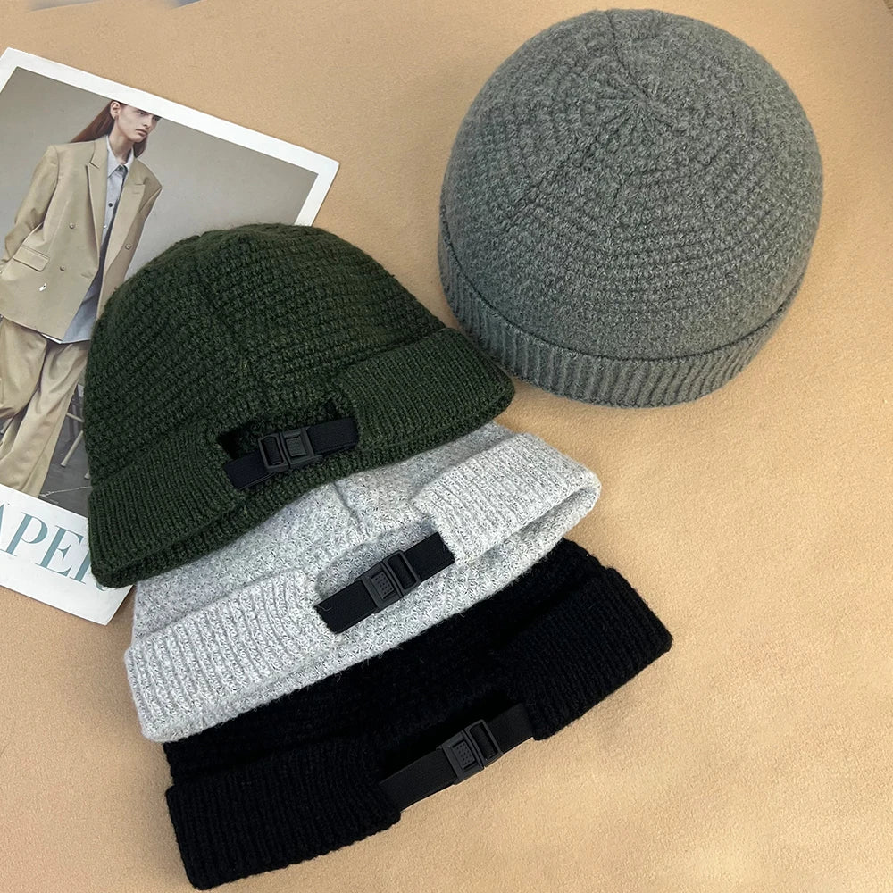 Woolen Knitted Beanie – Thick & Warm Roll-Up Edge Cap for Men & Women