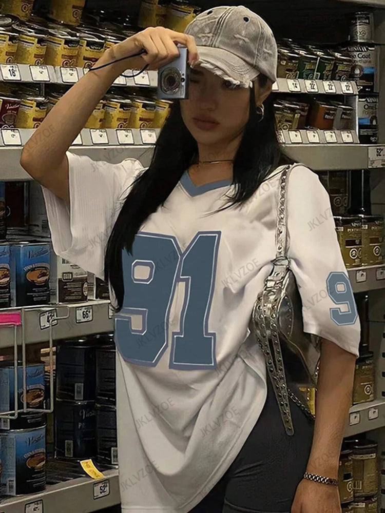 2025 Summer Retro No.91 Printed T-Shirt – Women's V-Neck Football Jersey Style Top