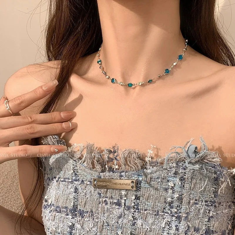 Romantic Blue Crystal Butterfly Necklace – Double Layer Zircon Choker for Women & Girls, Shiny Clavicle Chain Jewelry Gift