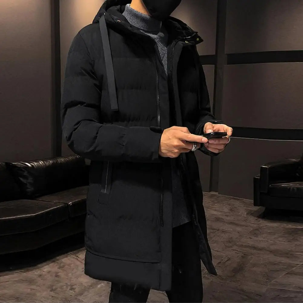 Men's Long Down Jacket – Winter Cotton-Padded Hooded Windbreaker