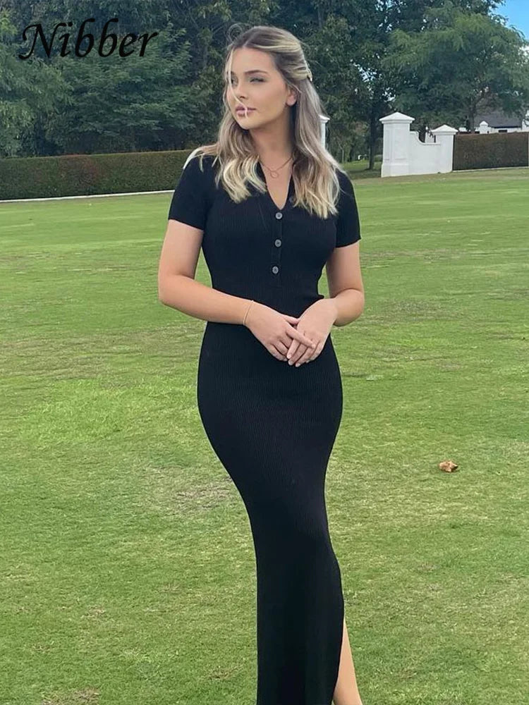 Nibber Solid Color Maxi Dress for Women – Elegant Single-Breasted Summer Dress