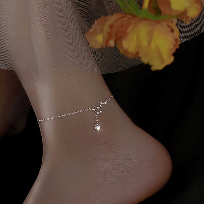 925 Sterling Silver Anklet for Women 💎 – Elegant Geometric Chain with Clear CZ Crystals