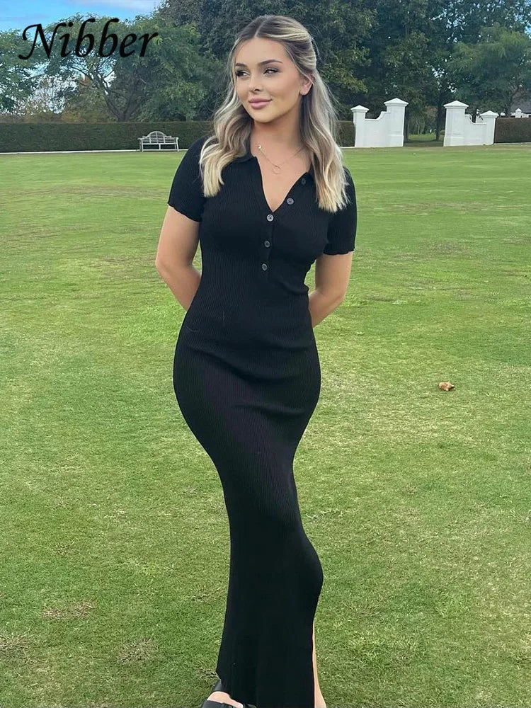 Nibber Solid Color Maxi Dress for Women – Elegant Single-Breasted Summer Dress