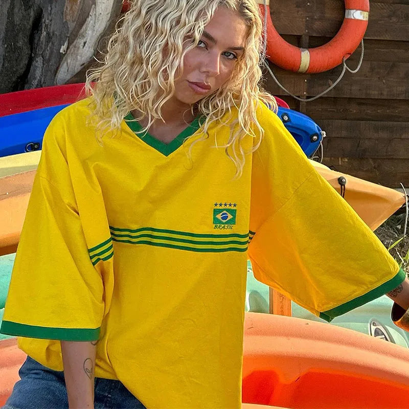 Brazil Embroidery Yellow T-shirt – Casual Oversized Y2K Summer Top for Women