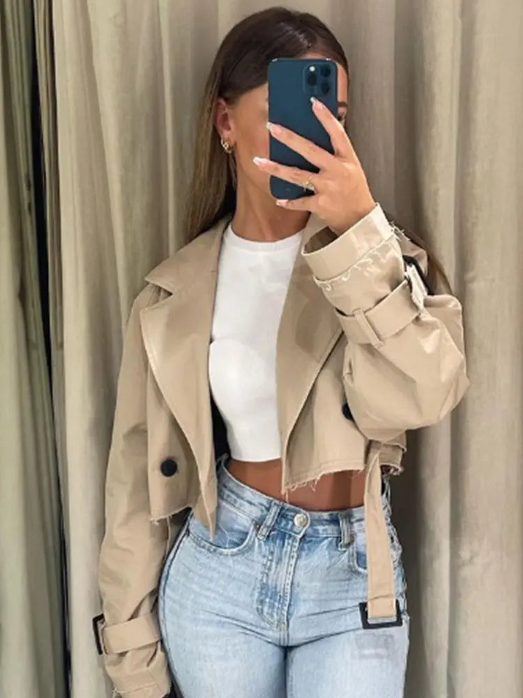 2024 Belted Cropped Trench Jacket – Vintage Streetwear for Women