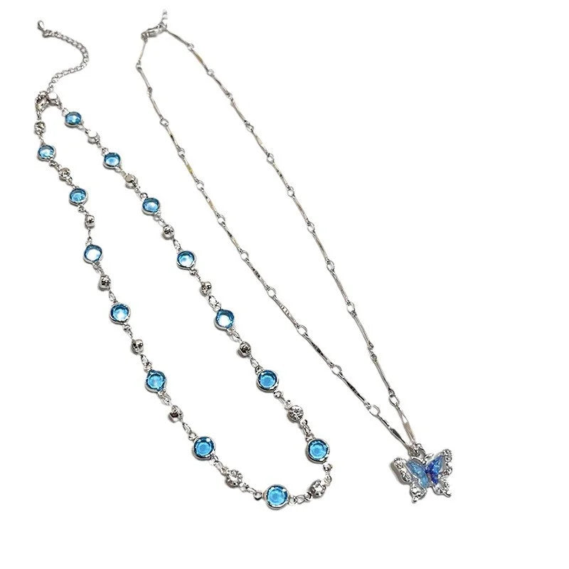 Romantic Blue Crystal Butterfly Necklace – Double Layer Zircon Choker for Women & Girls, Shiny Clavicle Chain Jewelry Gift