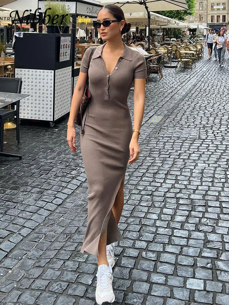 Nibber Solid Color Maxi Dress for Women – Elegant Single-Breasted Summer Dress