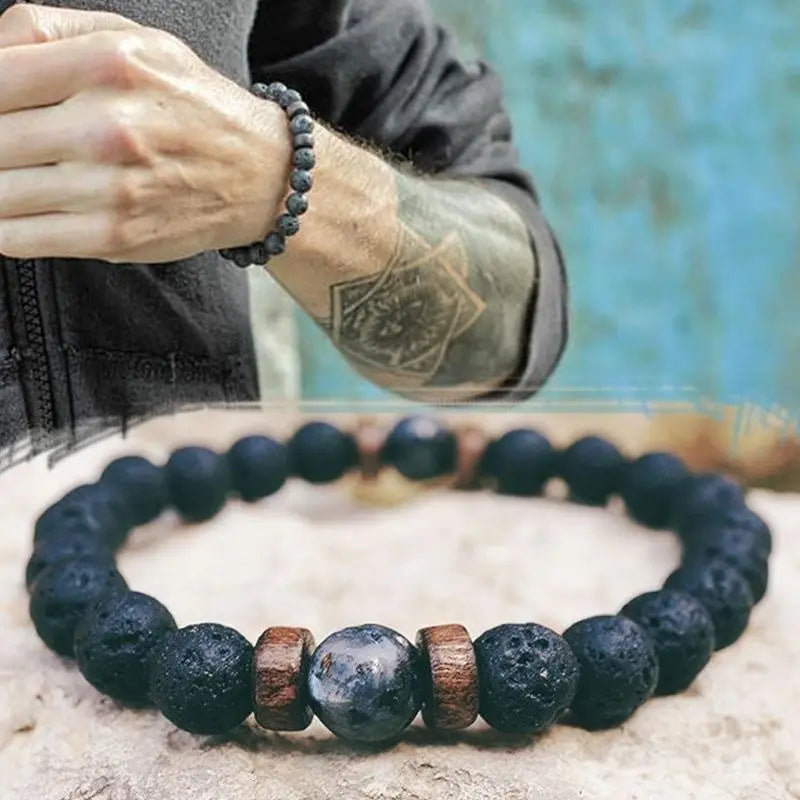 Retro Volcanic Stone & Wooden Beads Bracelet – Timeless Tibetan Buddha Wrist Chain