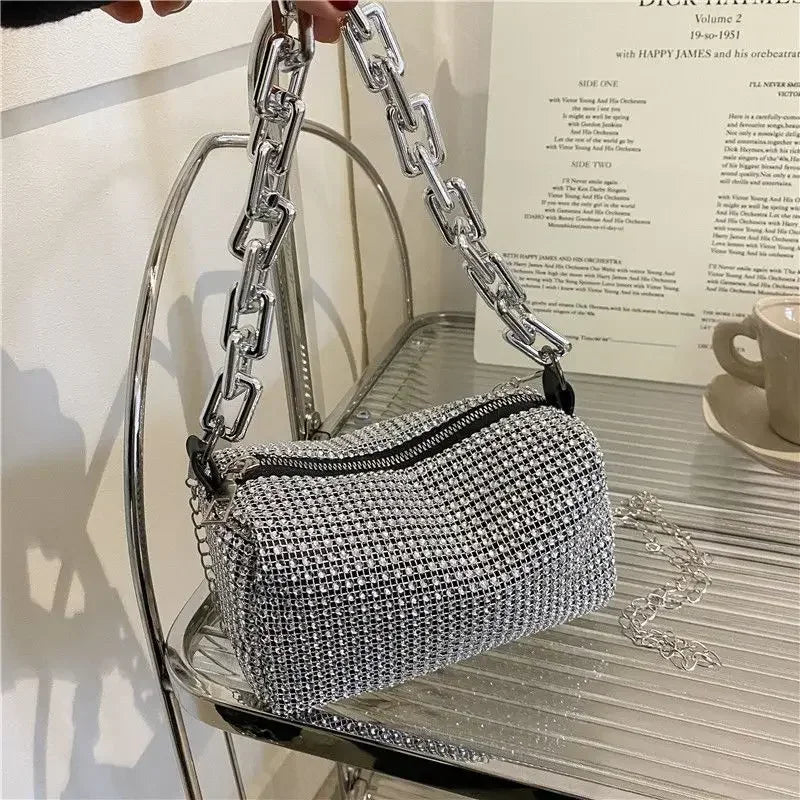 New Rhinestone Bucket Bag Tote – Glitter Mini Square Crossbody Purse with Chain