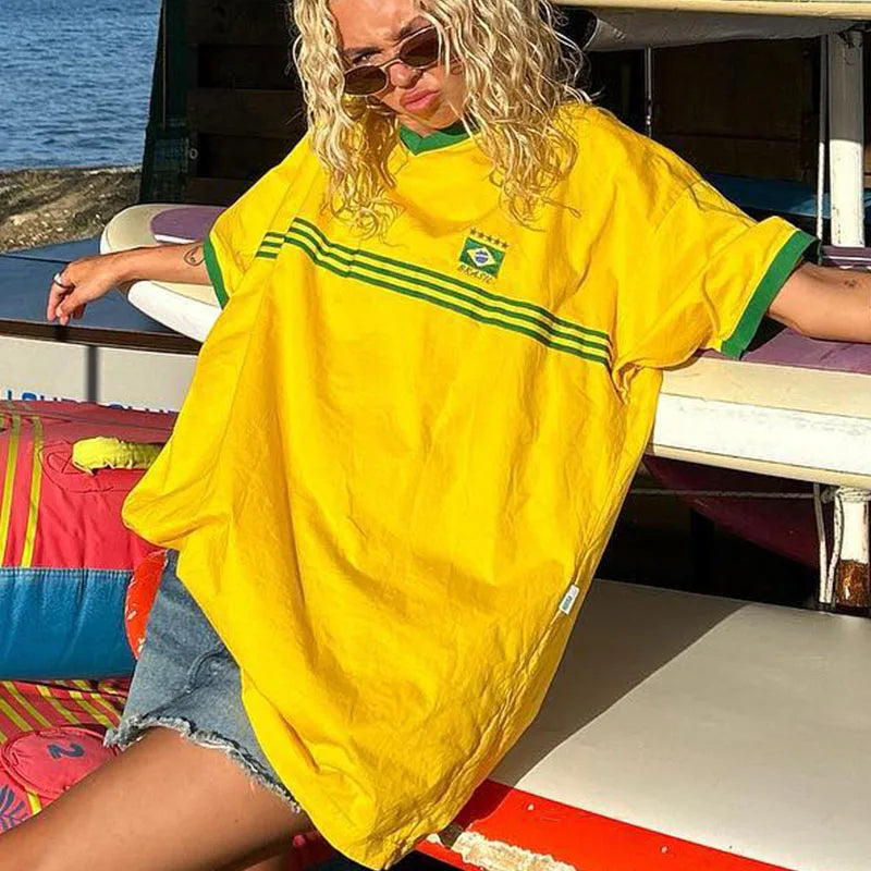 Brazil Embroidery Yellow T-shirt – Casual Oversized Y2K Summer Top for Women