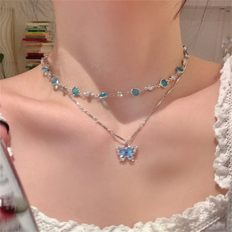 Romantic Blue Crystal Butterfly Necklace – Double Layer Zircon Choker for Women & Girls, Shiny Clavicle Chain Jewelry Gift