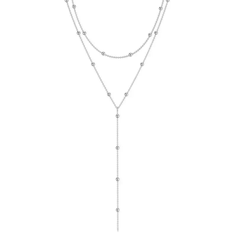 LATS Gold Double Layered Tassel Chain Necklace – Geometric Bead Choker for Women