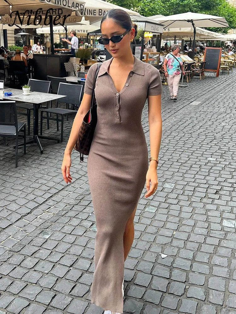 Nibber Solid Color Maxi Dress for Women – Elegant Single-Breasted Summer Dress