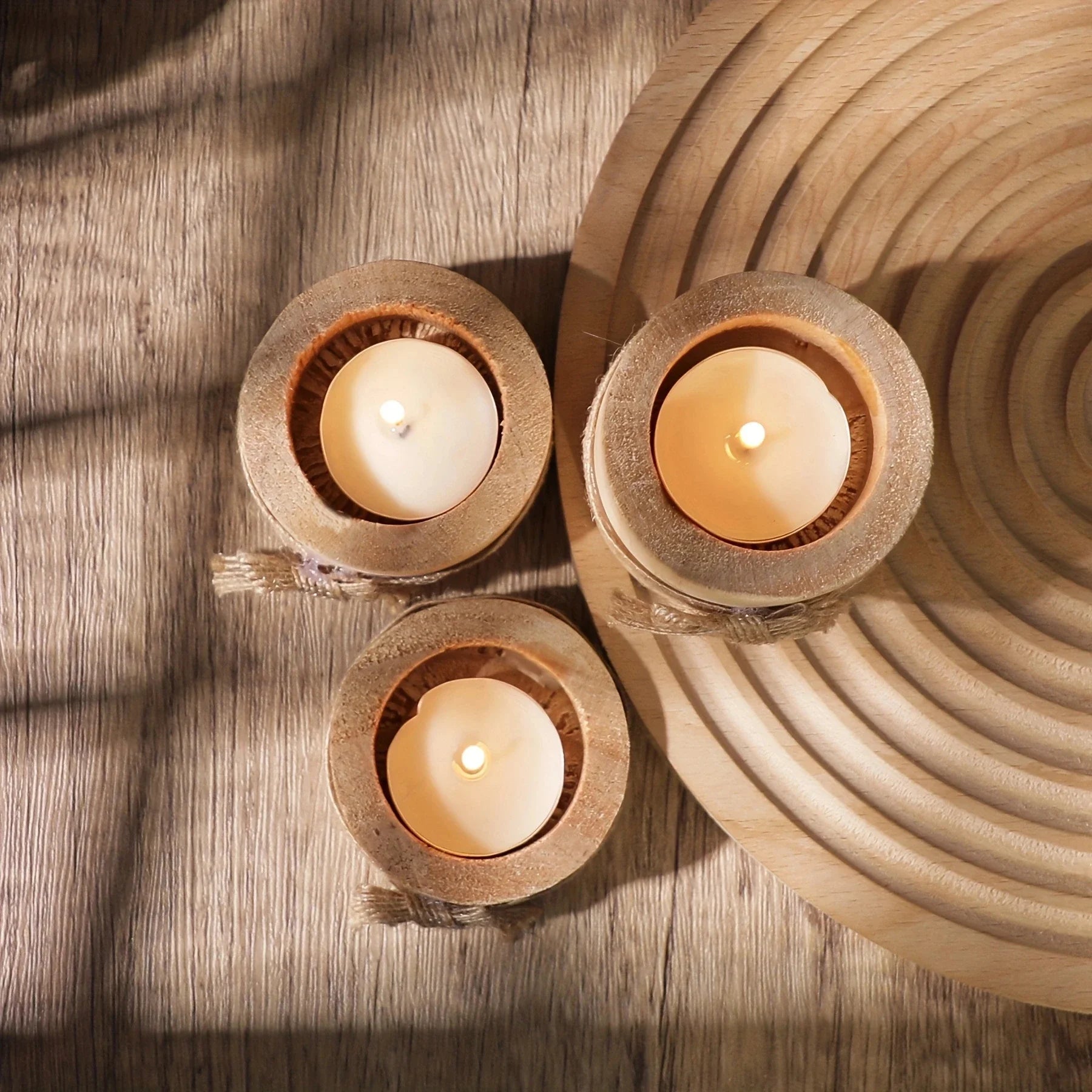 Creative Wooden Candlestick & Succulent Plant Pot Tray – Rustic Table Decoration