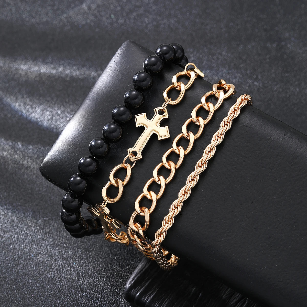 4pcs Punk Gold Cross Bracelet Set – Minimalist & Stylish for Men