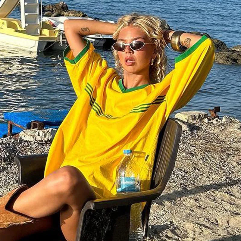 Brazil Embroidery Yellow T-shirt – Casual Oversized Y2K Summer Top for Women