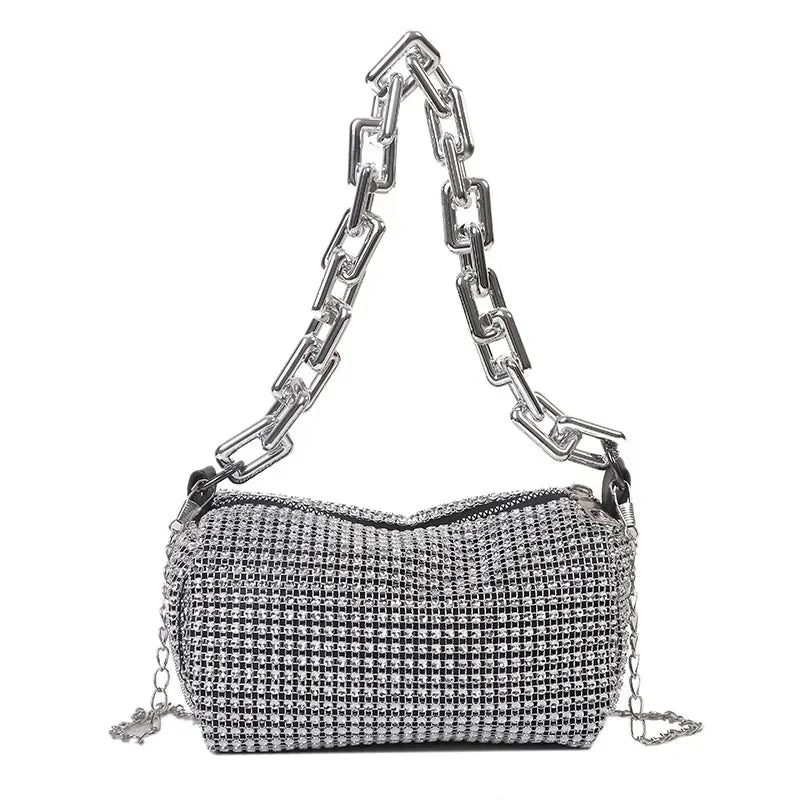 New Rhinestone Bucket Bag Tote – Glitter Mini Square Crossbody Purse with Chain