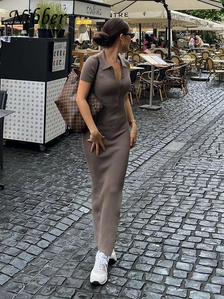 Nibber Solid Color Maxi Dress for Women – Elegant Single-Breasted Summer Dress