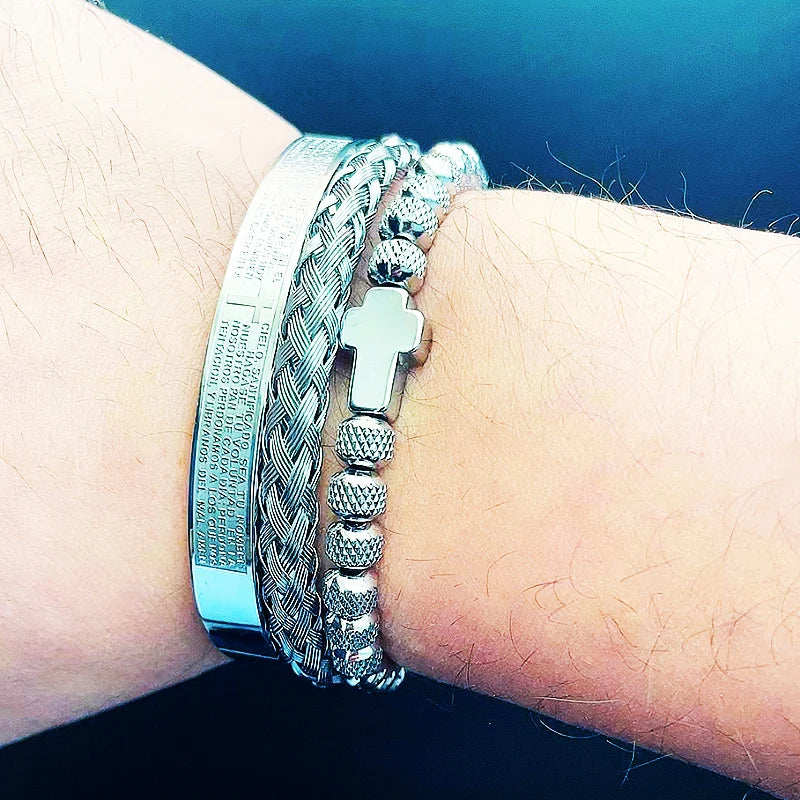 Luxury Stainless Steel Beaded Cross Bracelet – Elegant Religious Jewelry Gift