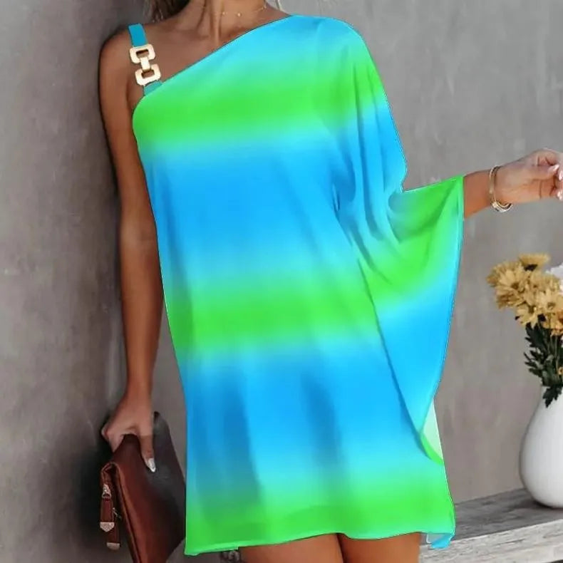 Elegant Off-Shoulder Tie Dye Dress for Women – Batwing Sleeve Summer Dress