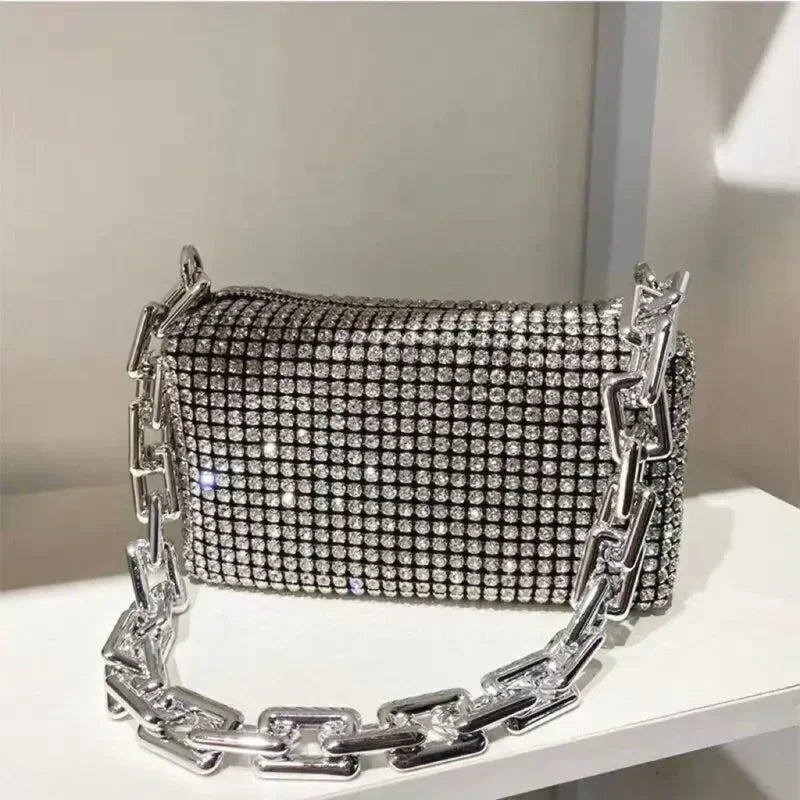 New Rhinestone Bucket Bag Tote – Glitter Mini Square Crossbody Purse with Chain