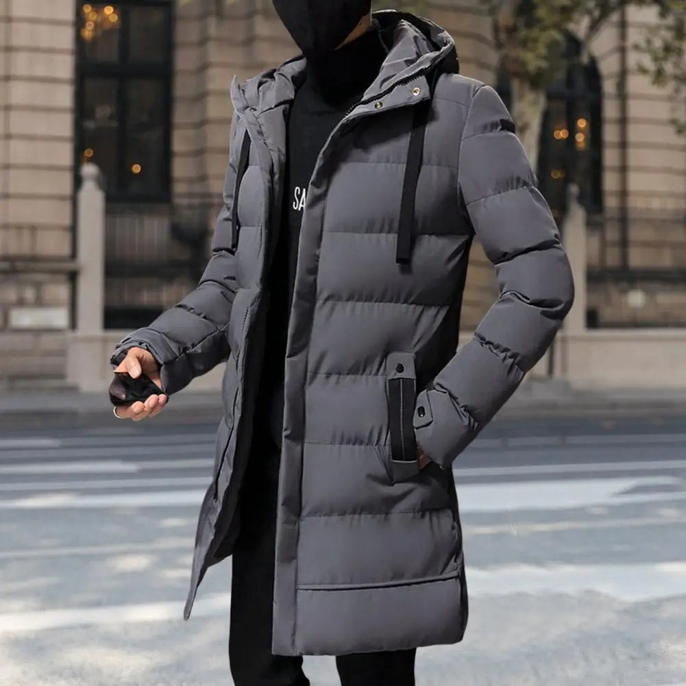 Men's Long Down Jacket – Winter Cotton-Padded Hooded Windbreaker