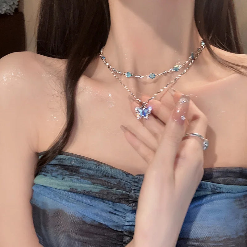 Romantic Blue Crystal Butterfly Necklace – Double Layer Zircon Choker for Women & Girls, Shiny Clavicle Chain Jewelry Gift