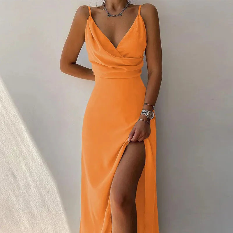 Summer Women’s Long Slit Dress – V-Neck Suspender Backless Maxi Dress