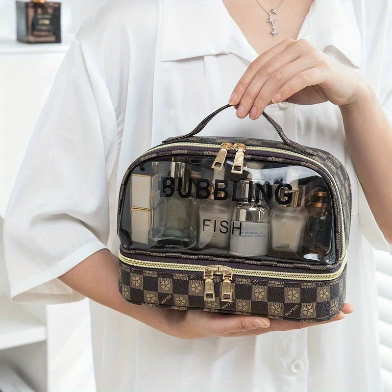 Checkered Mini Makeup Bag – Portable Travel Toiletry & Cosmetic Storage