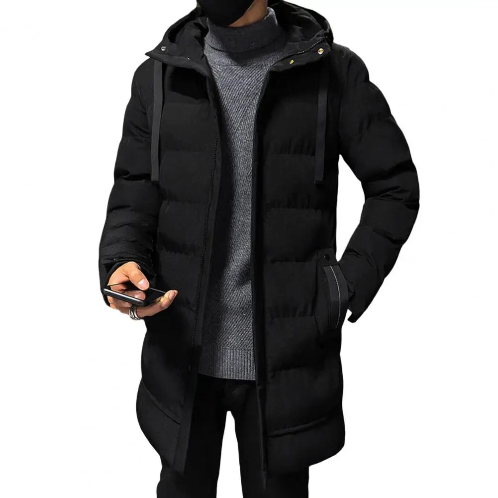 Men's Long Down Jacket – Winter Cotton-Padded Hooded Windbreaker