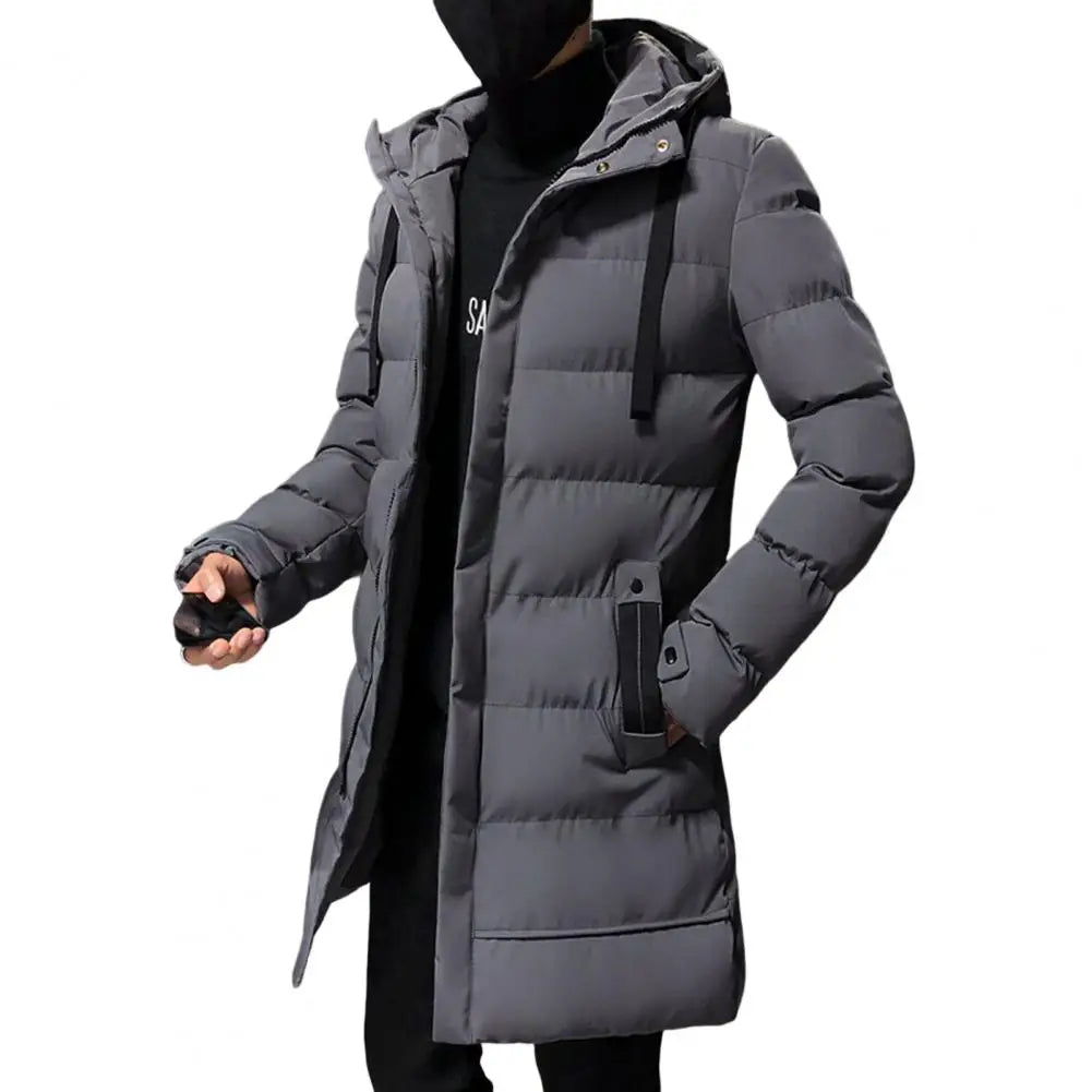 Men's Long Down Jacket – Winter Cotton-Padded Hooded Windbreaker