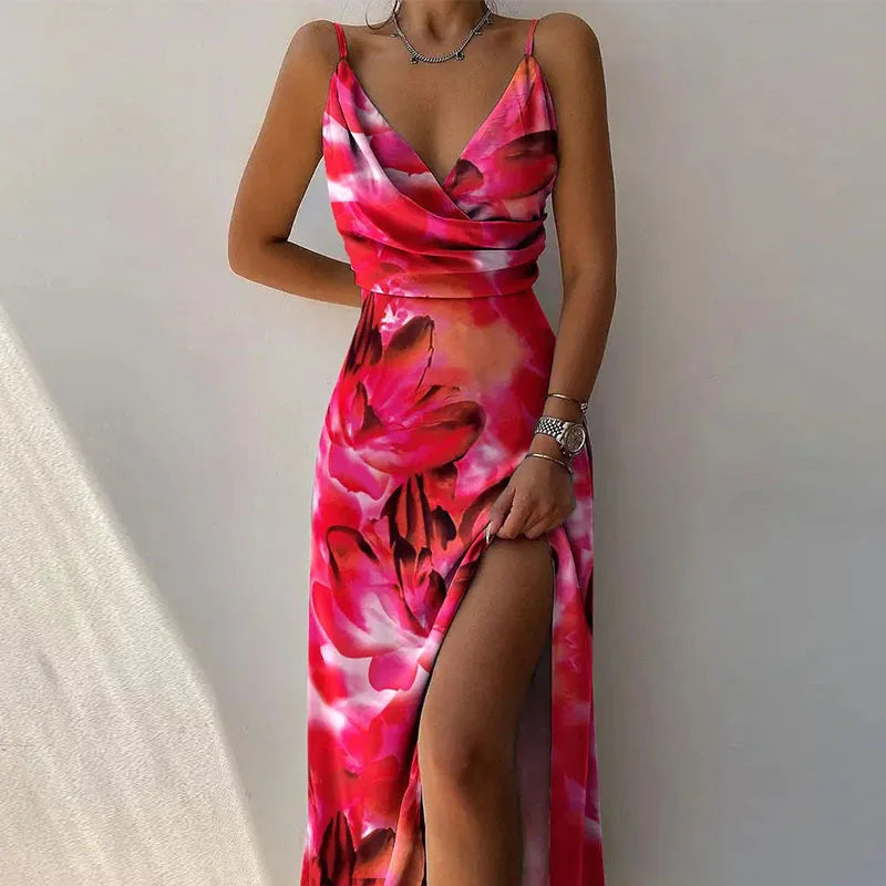 Summer Women’s Long Slit Dress – V-Neck Suspender Backless Maxi Dress