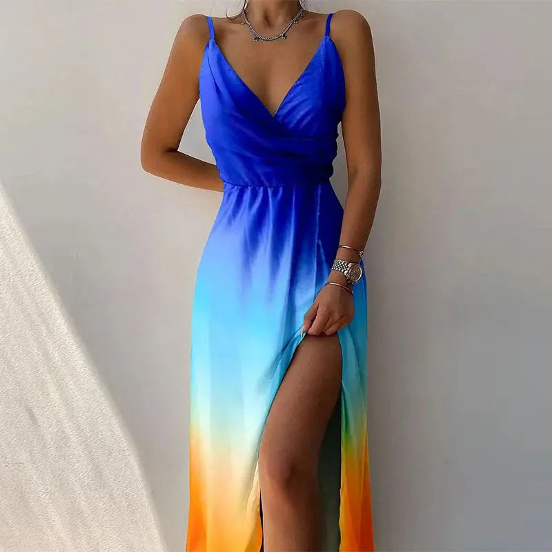 Summer Women’s Long Slit Dress – V-Neck Suspender Backless Maxi Dress