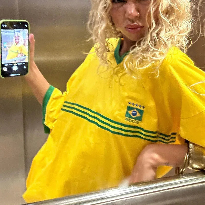 Brazil Embroidery Yellow T-shirt – Casual Oversized Y2K Summer Top for Women