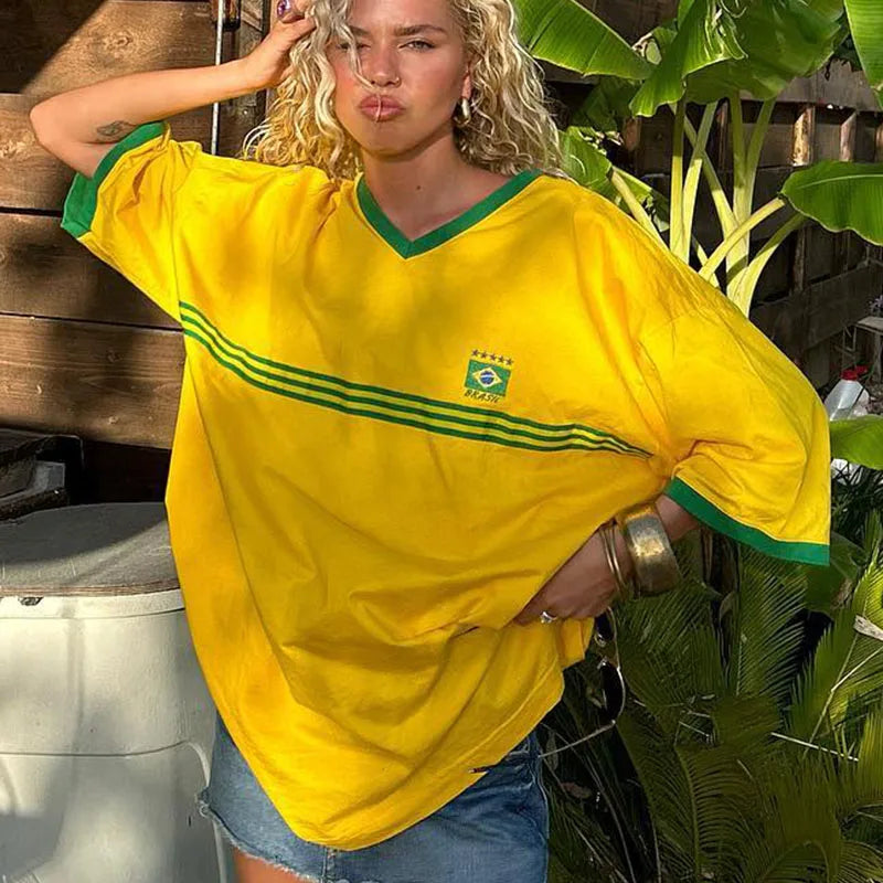 Brazil Embroidery Yellow T-shirt – Casual Oversized Y2K Summer Top for Women