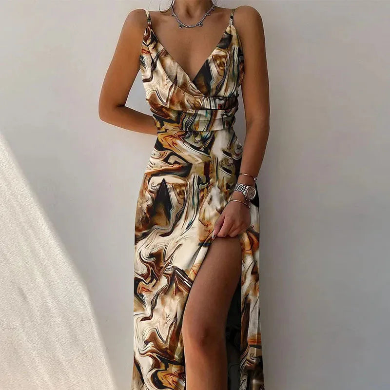 Summer Women’s Long Slit Dress – V-Neck Suspender Backless Maxi Dress