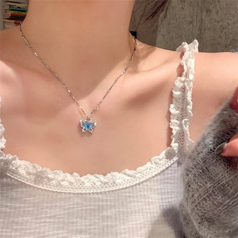 Romantic Blue Crystal Butterfly Necklace – Double Layer Zircon Choker for Women & Girls, Shiny Clavicle Chain Jewelry Gift