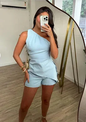 Casual Skew Collar Two-Piece Set – Trendy Off-Shoulder Top & Slim Shorts for Women