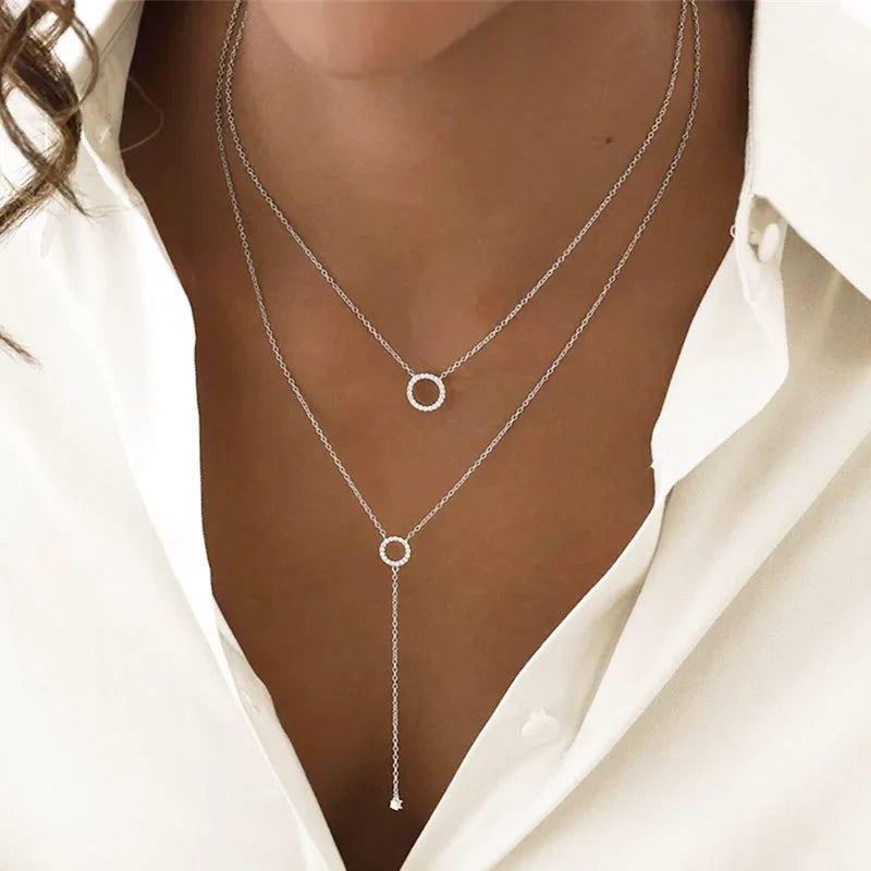 S925 Sterling Silver Double Circle Zircon Pendant Necklace ✨ – Elegant Long Choker for Women (Spring 2024)