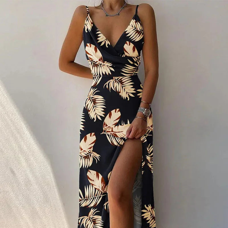 Summer Women’s Long Slit Dress – V-Neck Suspender Backless Maxi Dress
