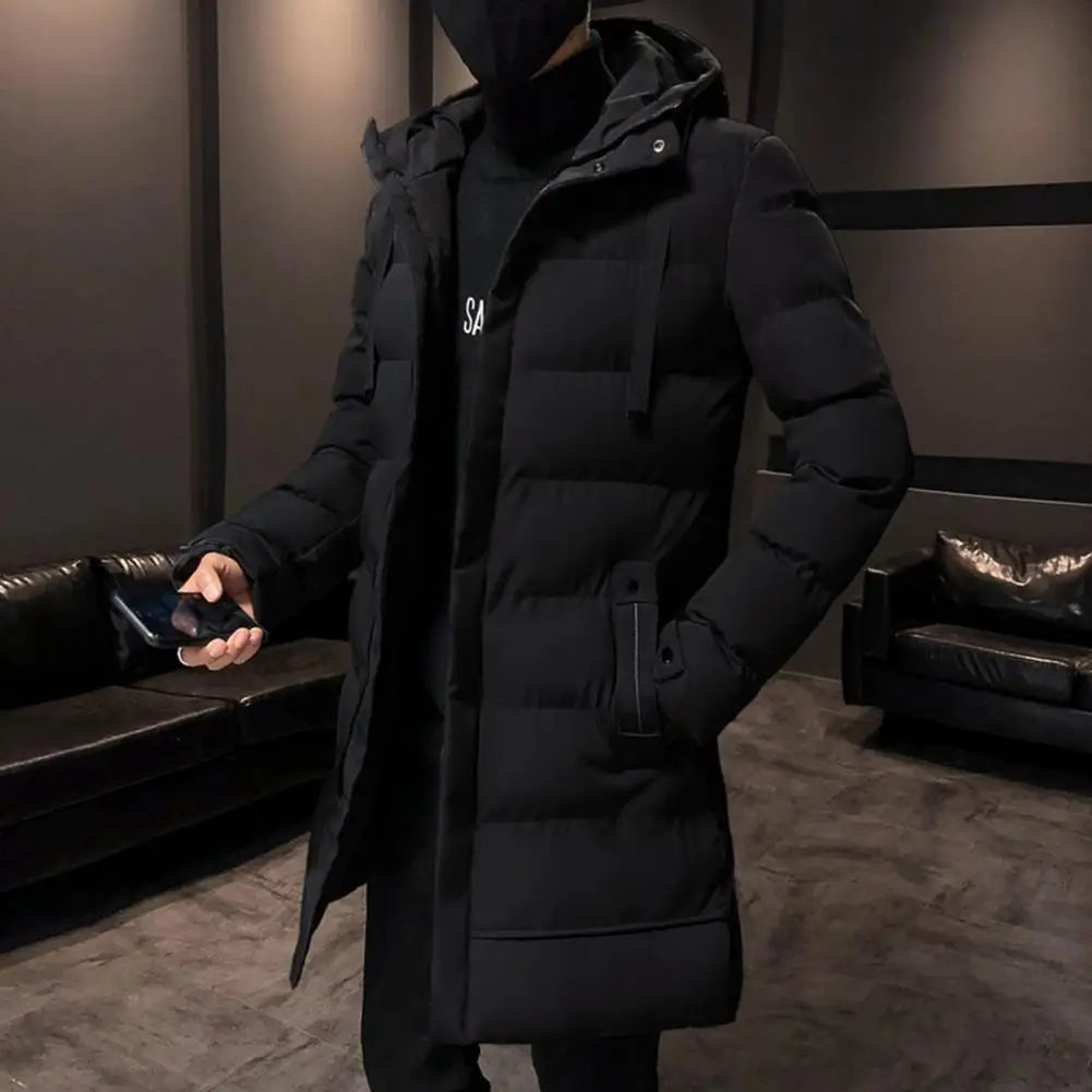 Men's Long Down Jacket – Winter Cotton-Padded Hooded Windbreaker